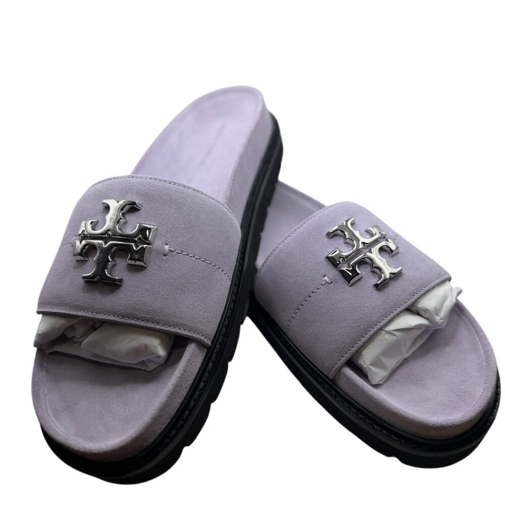 New Tory Burch Lavender Suede Platform Slide Sandals Double T Size 8.5